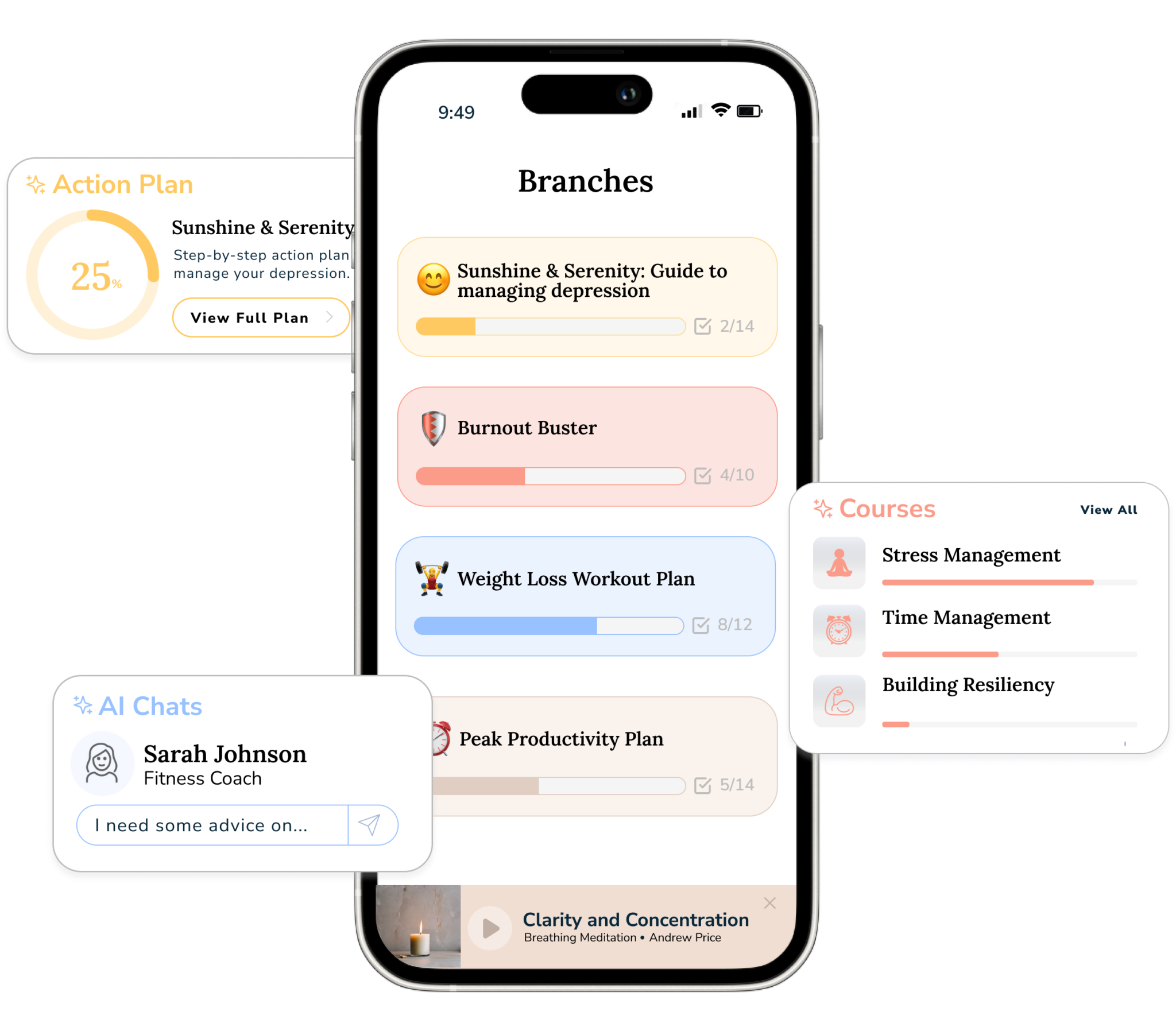 Bonsai Wellness mobile app screenshot - grow your branches